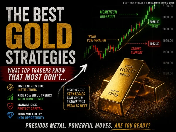 Professional gold trading strategy visual with bullish momentum breakout and smart money confirmation zones