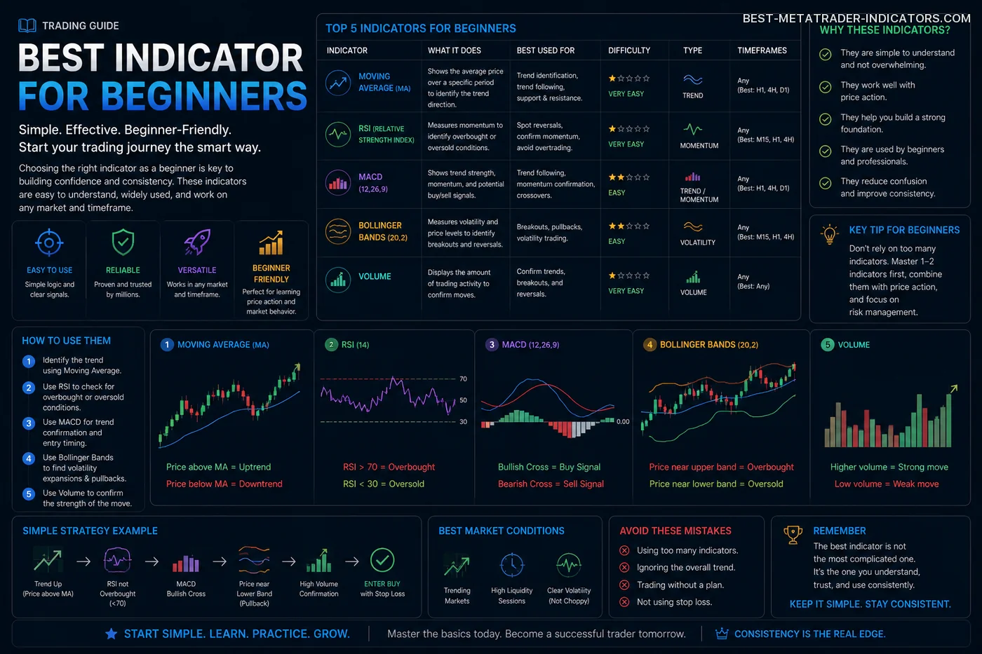 Beginner Forex trading chart with easy technical indicators and clear trend direction