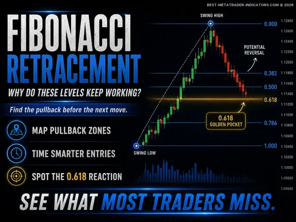 Forex chart with Fibonacci Retracement levels, highlighted pullback area, and potential reversal signal