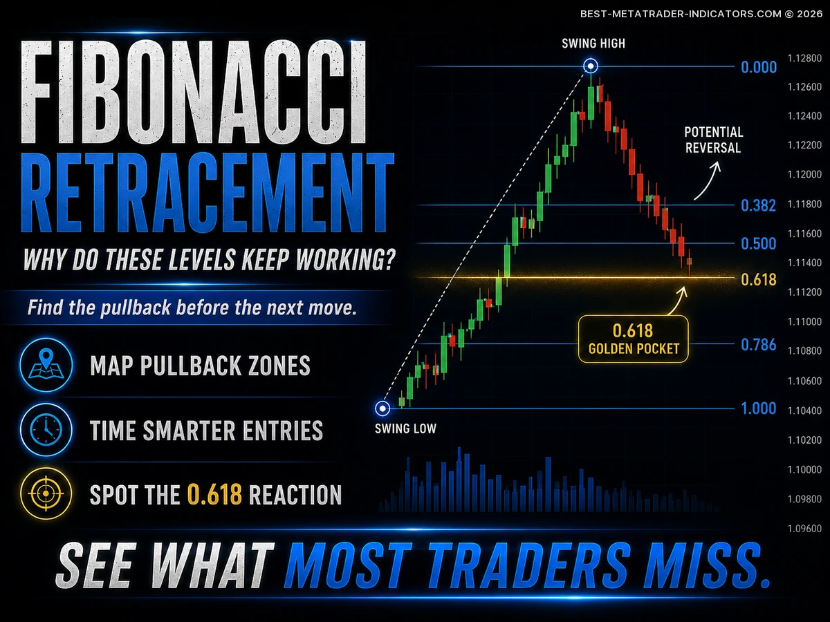 Forex chart with Fibonacci Retracement levels, highlighted pullback area, and potential reversal signal