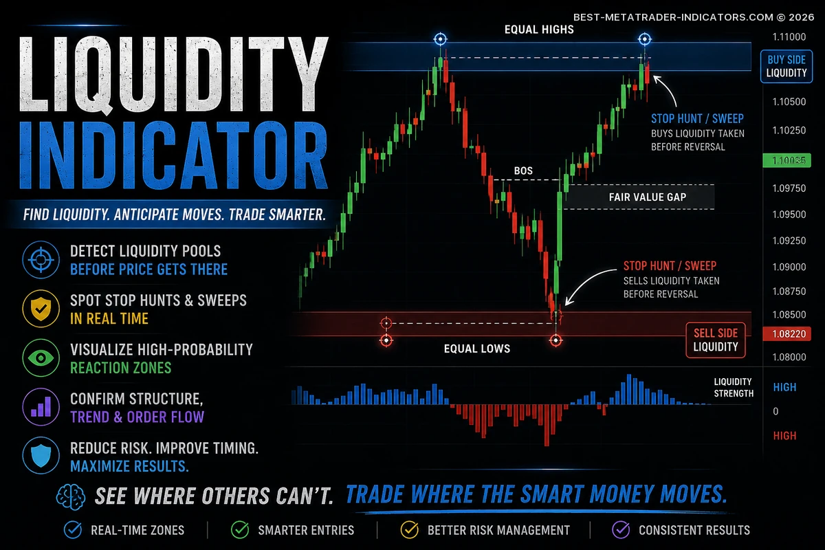 Liquidity indicator highlighting stop hunts, liquidity sweeps, equal highs, equal lows, and smart money reversal zones on a Forex chart