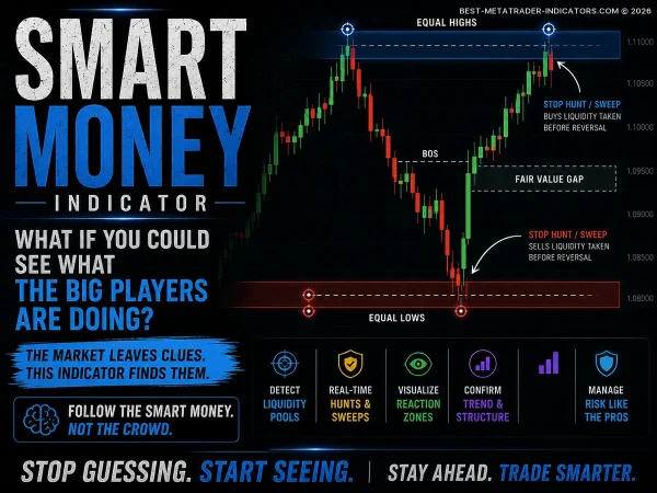 Smart Money Indicator revealing buy-side and sell-side liquidity zones with real-time forex analysis