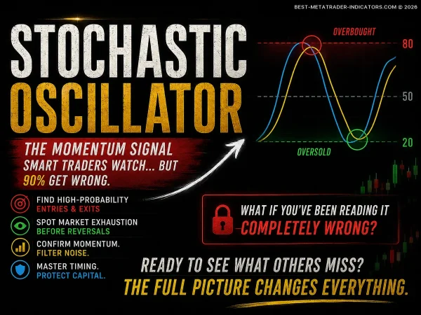 Premium Stochastic Oscillator trading graphic showing hidden momentum shifts and overbought reversal zones in Forex markets