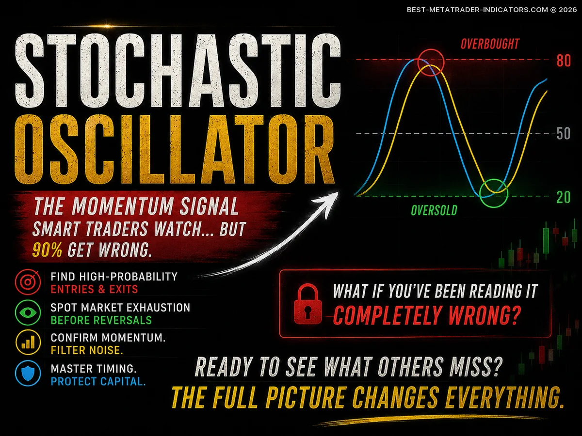 Premium Stochastic Oscillator trading graphic showing hidden momentum shifts and overbought reversal zones in Forex markets