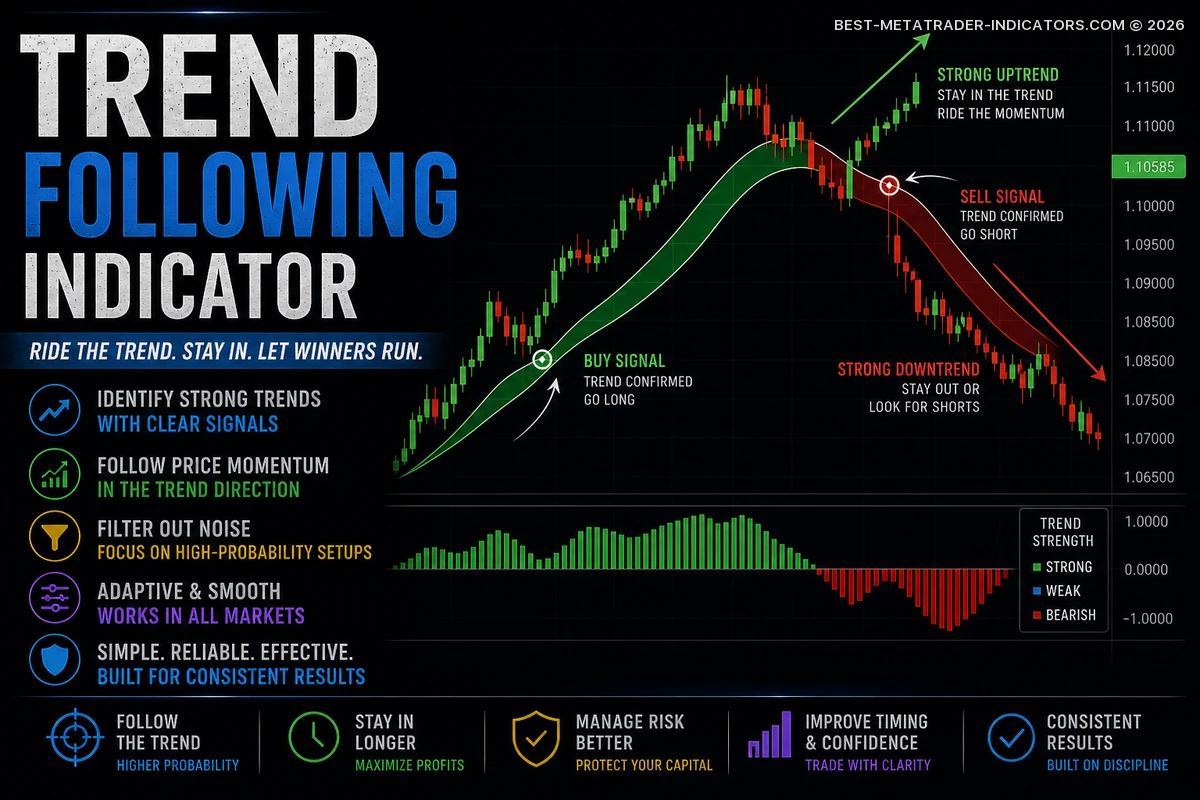 Trend Following Indicator with buy and sell trend signals on a Forex chart